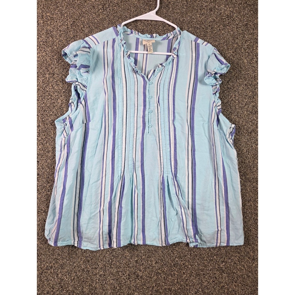St. John's Bay Blouse Womens 2X Blue Striped Ruffle Sleeve Henley Top 353511